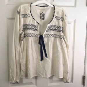 Odd molly blouse 3 cream w/ navy trim long sleeve